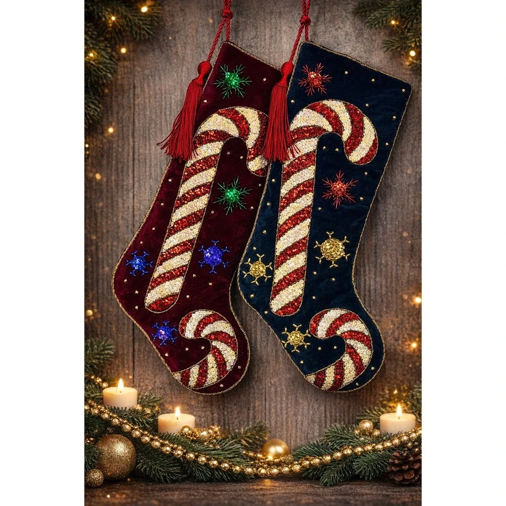 Prima Creations Velvet Christmas Stockings Navy Burgundy Sequin Candy Cane Set 2